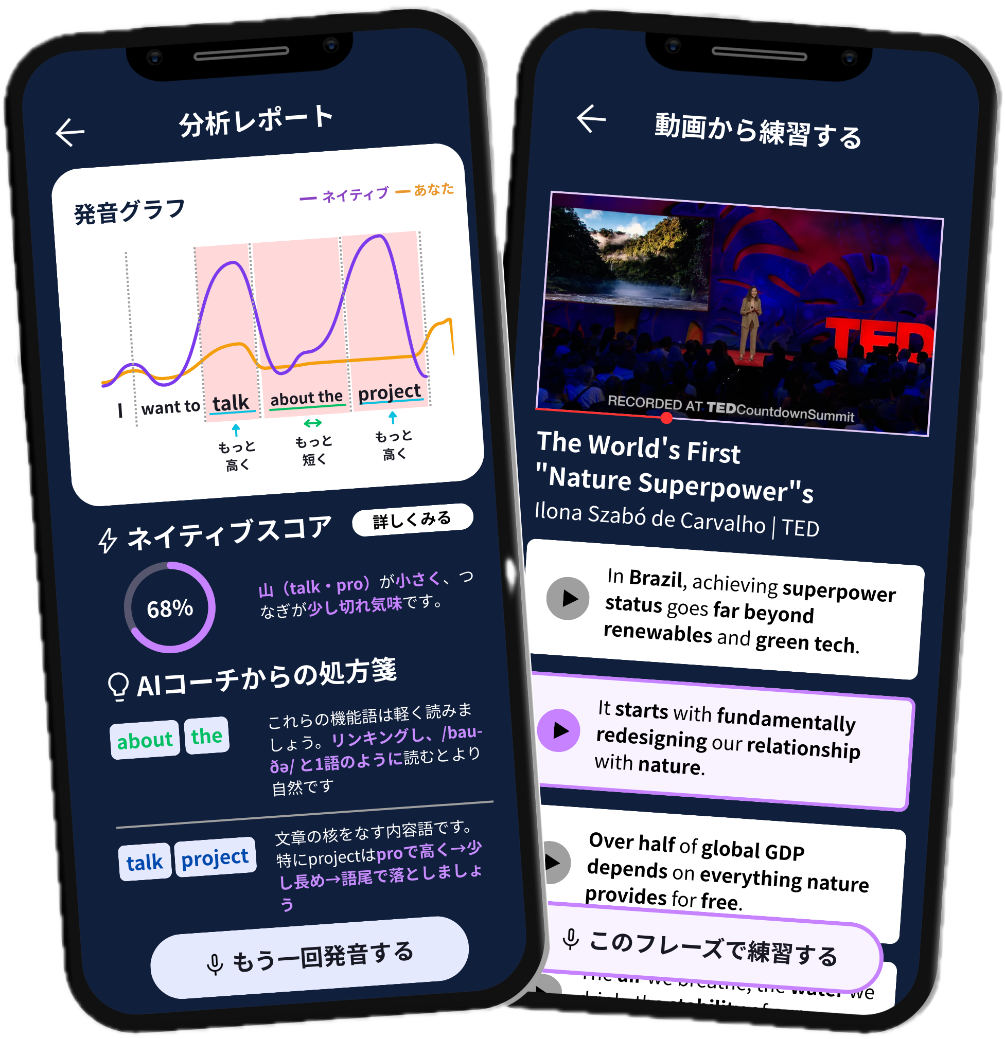 Intonie アプリの分析レポートと動画練習画面